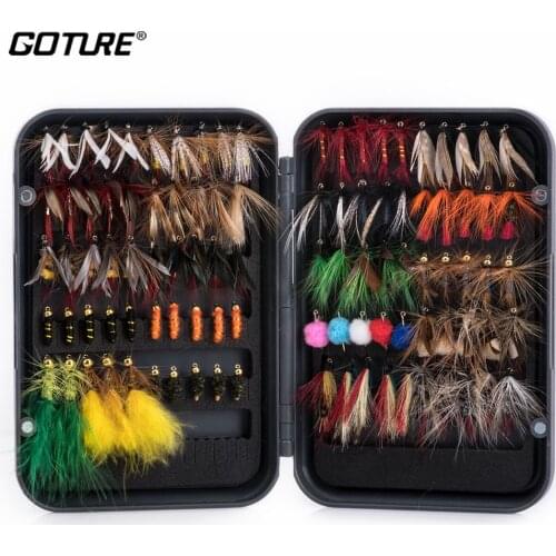 Goture 76/100 Pcs Fly Fishing Lure Kit Handmade Dry Wet Flies Nymph Streamers With Box #8-16 Hook Fly lure Bait For Trout Salmon