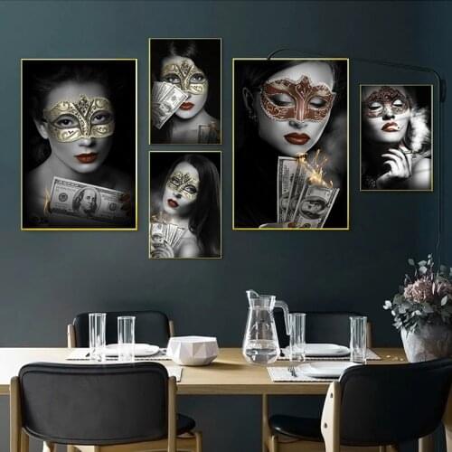 Women In Mask Canvas Art Figure Painting Nordic Burning Dollar Money Poster And Prints Wall Art Home Decor Picture For Bedroom