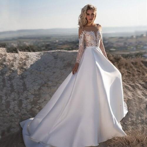 Illusion Scoop Neck Beaded Applique Lace Wedding Dress Long Sleeves robe de mariee 2020 Sweep Train Satin A-line Bride Dress