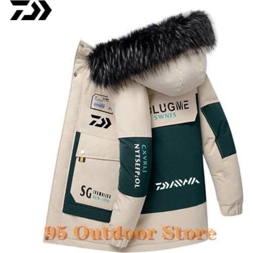 Daiwa Winter Mens White Duck Down Jackets Thicken Warm -30 Degree Hooded Parkas Coats Fishing Casual Fur Collar Mid-length Wind