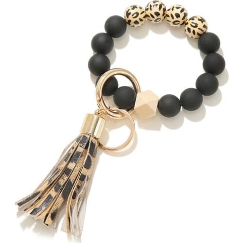 Leopard Keychain Bracelet Tassel Wood Beads Pendant Keyring For Women Snake Print Round Wood Beads Keychain Charms Wholesale New