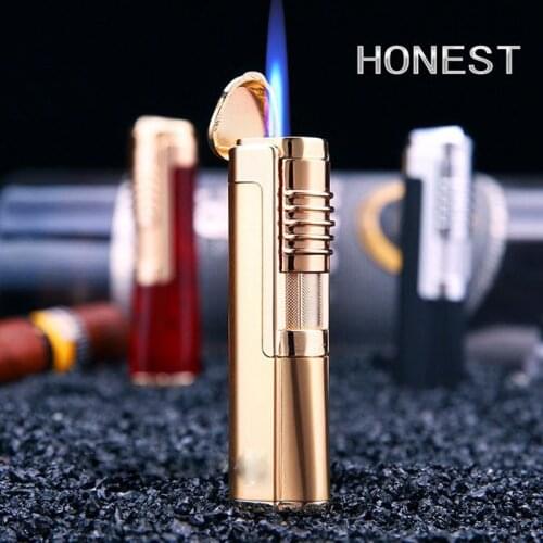 HONEST Metal Windproof Butane Gas Lighter Mini Torch Cigarette Cigar Lighter Blue Flame Camping Kitchen Candle Ignition Tool