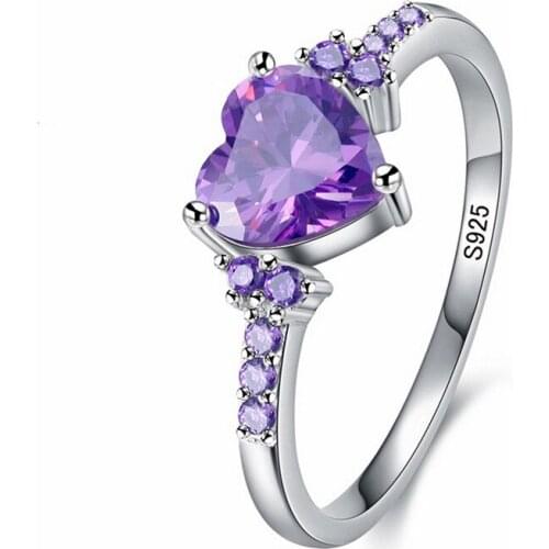 Fashion Ring Silver Jewelry Romantic Heart-shaped Purple Crystal Gem Ring Womens Wedding Commitment Party Jewelry Wholesale