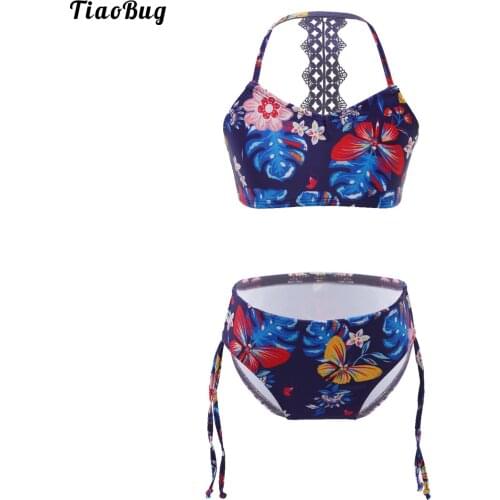 TiaoBug Fashion Summer 2Pcs Kids Girls Floral Printed Bikini Set Sleeveless Top Swim Trunks With Adjustable Strap Swimsuit