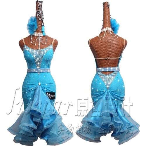 New Latin Dance Dress Latin Skirt Competition Dress Costumes Performing Dress Sparkly Rhinestones Customize Adult Kids Blue Red