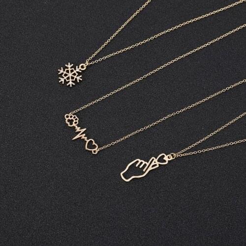 New geometric hollow Dog Cat Paw Heartbeat Wave Necklace Snowflake Chain I Love Heart You Hand Gestures Sign Language jewelry