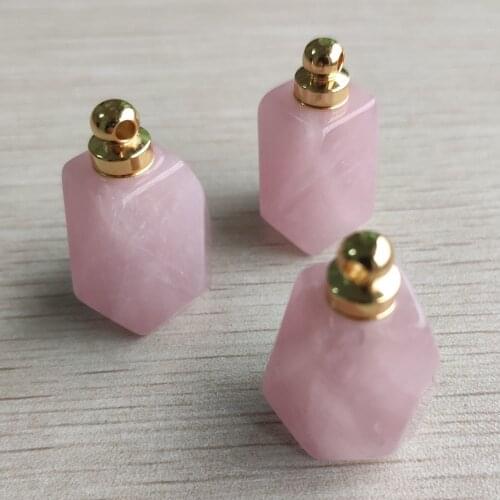 Wholesale 3pcs/lot fashion natural quartz stone pink perfume bottle polygon pendants for Jewelry Making diy Necklace Accessory