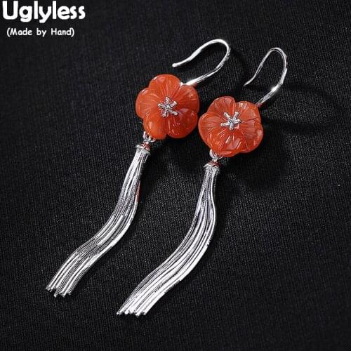 Uglyless Luxury Gemstones Sakura Earrings for Women 100% Real Solid 925 Silver Fine Jewelry Red Agate Flower Tassels Earrings