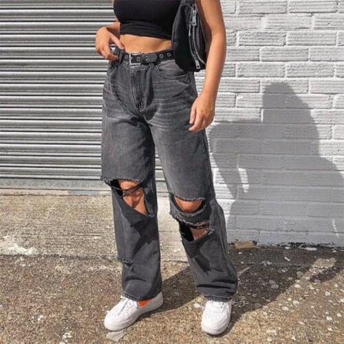Ripped Women Jeans Wide Leg Long Cargo Pants Ladies Black Boyfriend Jeans Fashion Loose High Waist Vintage Korean Women Trousers