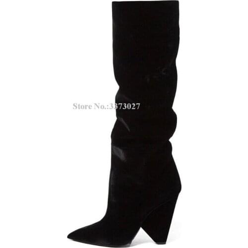 Black Velvet Spike Heel Knee-High Boots Woman Sexy Pointed Toe Strange Style Heel Long Boots Lady Fashion Party Shoes