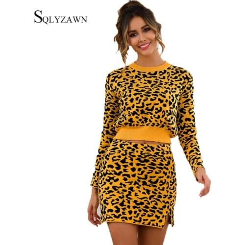 Sexy Women Leopard Knitted Sweater Skirt Set Autumn Winter Long Sleeve Pullover Top Warm Matching Outfit Streetwear Co ord Suit