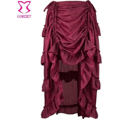 Vintage Wine Red Ruffle Asymmetrical Chiffon Long Skirts Womens Maxi Skirt Victorian Sexy Petticoat Steampunk Gothic Underskirt