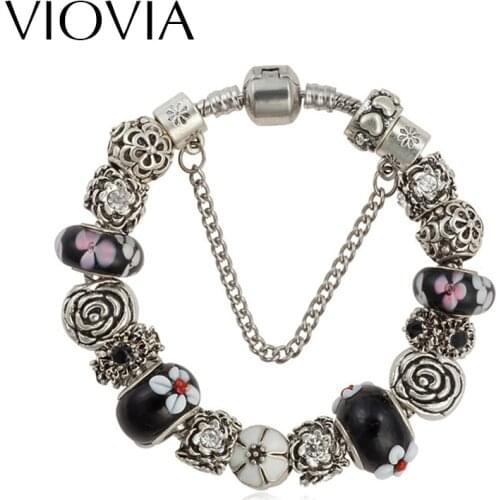 VIOVIA High Quality Black Rhinestone Bracelets Fashion Jewelry Flower Glass Beads of Flowers Bangles Bracelet For Women B15244