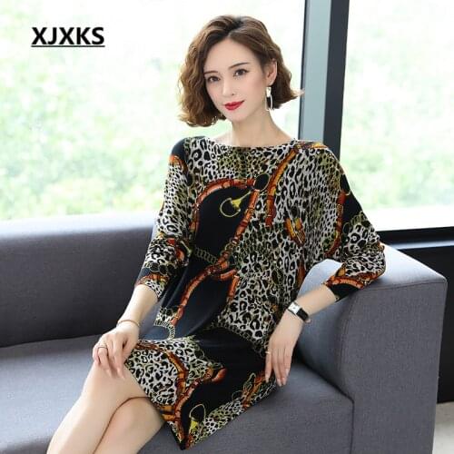XJXKS Fashion slash collar women long sweater pullover 2020 autumn winter new high-quality printed women wool knitted dress