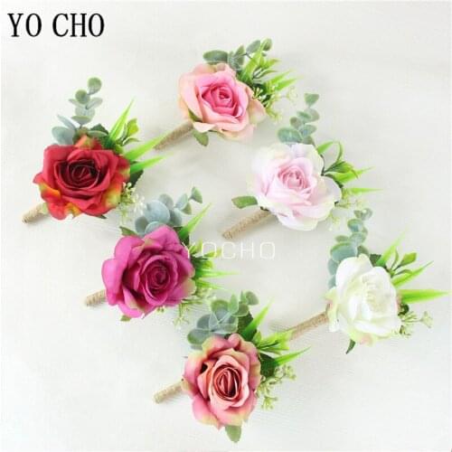 YO CHO Silk Rose Boutonniere Bridesmaid Wrist Corsage Sister Hand Flower Groom Brooch Artificial Flower Wedding Girl Bracelets