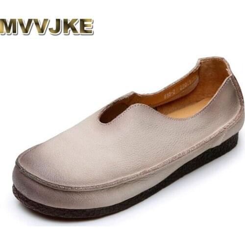 MVVJKE 2019 Spring National Style Retro Genuine Leather Womens Shoes Soft Bottom Flat Moccasins Loafers For Women