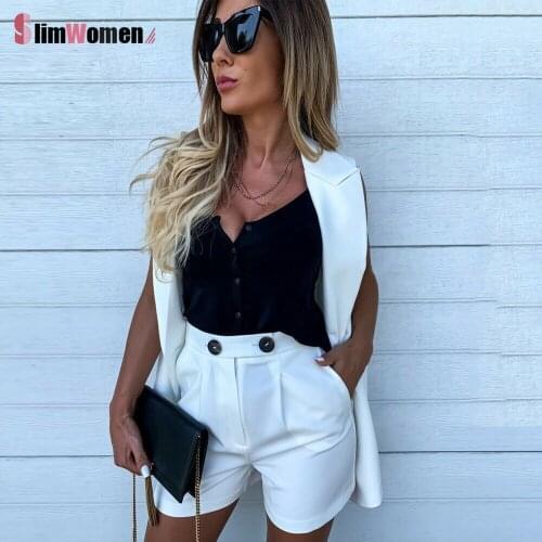 Summer Two Pieces Set for Women Casual Cardigan Blazer Suits Sleeveless Vest Blazers Jacket Tops and Wide Leg High Waist Shorts