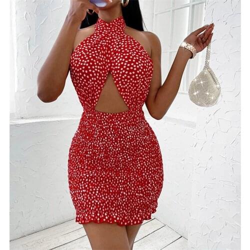 Women Sleeveless Backless Cross Hollow Out Dress Floral Printed Pattern Halter Neck Summer Short Dress Green/ Red/ Yellow