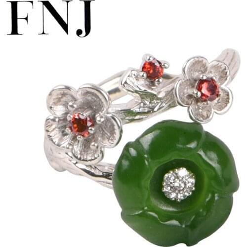 FNJ Flowers Ring 925 Silver New Original S925 Sterling Silver Rings for Women Jewelry Adjustable size Natural Jasper