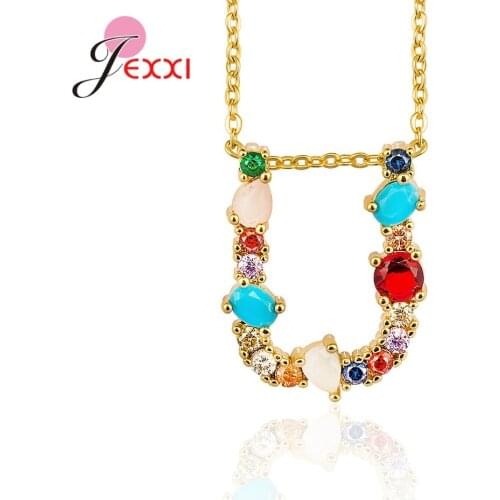 Multicolor Charm Necklace Fashion 26 Alphabet Initial A-Z Letter Pendant Necklace Colorful Crystal 925 Sterling Silver Necklace