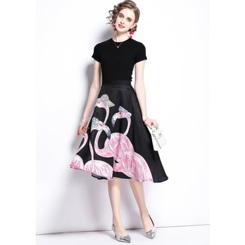 Vintage Rockabilly Swing Feminino Dress Women Retro Dresses Flamingo Floral Print Party Vestidos fashion two pieces top + skirts
