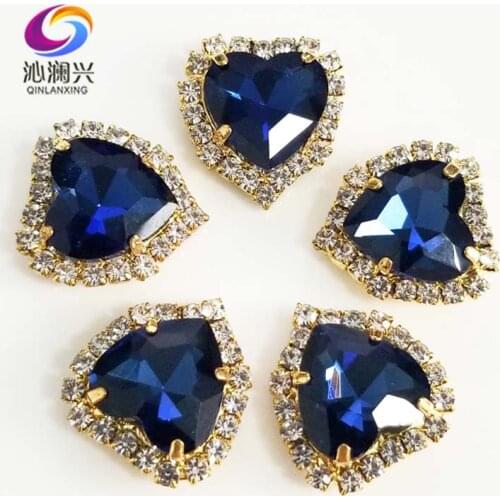 Free shipping Gold bottom Ink blue heart shape Crystal glass buckle,sew on rhinestones for Diy/jewelry accessories SWHK20