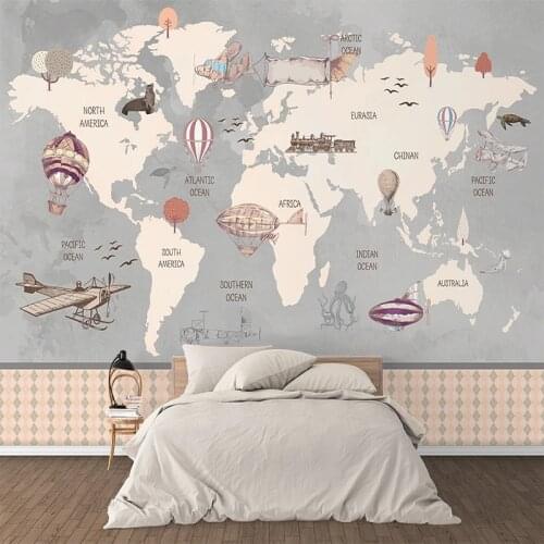 Custom Retro World Map Large Mural Hand Painted Airplane Hot Air Balloon Children Room Boys Room Bedroom Photo Wallpaper Decor