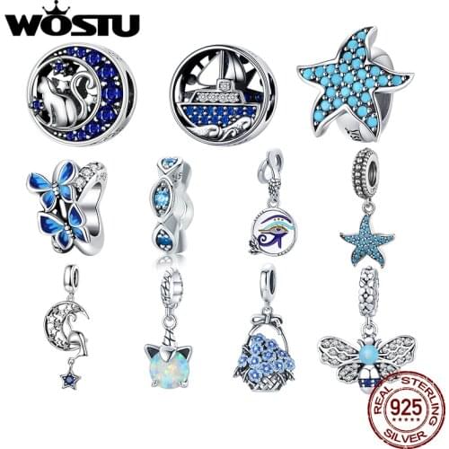 WOSTU Authentic 925 Sterling Silver Zircon Blue Starfish Beads Charms Pendant Fit Bracelets Women DIY Fine Jewelry Gift Making