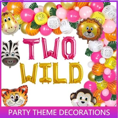 Two Wild Birthday Decorations Safari Balloon Garland Arch Kit Pink Rose Red with Green Artificial Palm Leaves