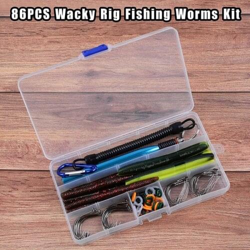 86Pcs/Box Wacky weedless fishing hooks rig kit Barbed carbon steel hook Worm bait O rings Wacky Tube for Trout Bass fishing