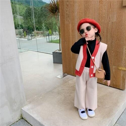 Spring Autumn Girls 2 Color Fashion Sweater Clothes Sets 2020 New Children Casual Vest Cardigan+Loose Wide Leg Pants 2 Pcs Suits