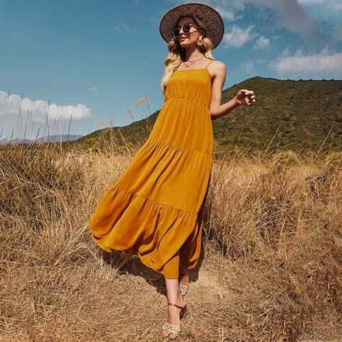 Summer Women Long Soild Loose Dress Sexy Strap Beach Boho Backless Dresses O neck Sleeveless Ruffles Casual Sundress Vestidos