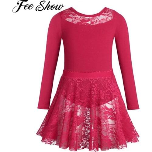 Fashion Girls Cotton Ballet Dancewear Long Sleeves Ballet Dance Gymnastics Leotard with Lace Ruffled Skirt Outfit Sets SZ 3-10
