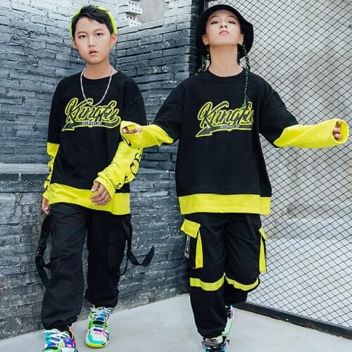 Cool Hip Hop Kids Street Dance Clothing Stitching Sleeves Sweater Pockets Pants Jazz Performance Outfit Modern CostumeVDB2712