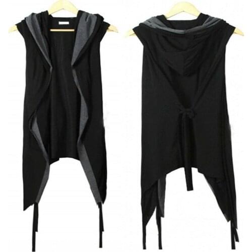 Mens Sleeveless Avant-Garde Dark Punk Hooded Charcoal Cape Cardigan Jacket Casual Versatile Irregular Personality Street