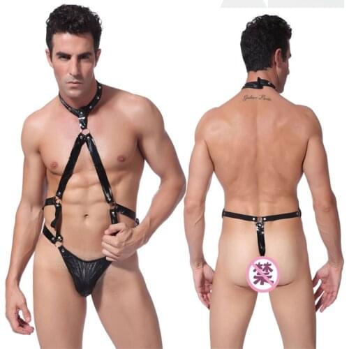 Man Faux Leather Lingerie colligation Bandage Jumpsuit Wrestling Sexy Thong Sissy Panties for Men SM Role Player Sex Costumes