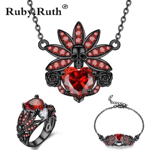 Skull Set Necklace bracelet Ring Red crystal Zirconia Pendant For Women Wedding Jewelry Sets Party Gift Dropshipping