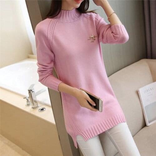Autumn Winter New Long Sweater Women Long Sleeve Tops Hedging Knit Half-Length Collar Pullover Female White Pink Clothing