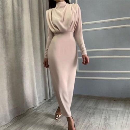 Autumn Elegant Women Dress Turtleneck Ruched Slim High Waist Ladies Maxi Dress Solid Color Split Party Dress 2021 Fashion