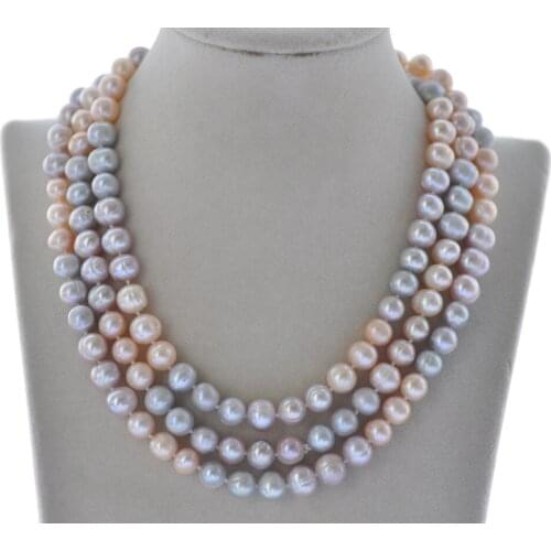 MCT·STAR Z10238 33"-100" 10mm Pink Lavender Gray Round Freshwater Pearl Necklace