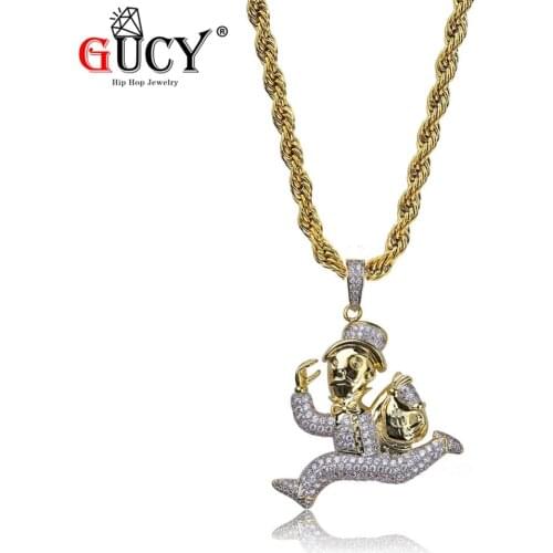 GUCY Hip Hop Rock Pendant Necklace Iced Out Gold Color Plated Carton Runner Necklaces Micro Pave Cubic Zircon Charm Jewelry Gift