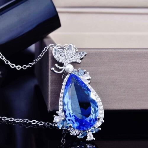 High Quality Water Drop Pendant Necklace Inlay Blue AAA Cubic Zircon Delicate Butterfly Silver Jewelry For Women Wedding Party