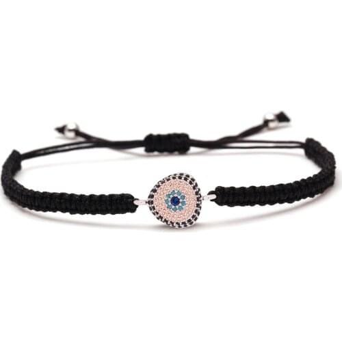 Peach Heart Evil Eye Black Blue Tawny Zircon Crystal Copper Charm Bracelet Red Black String Braid Slide Knot Adjustable Jewelry