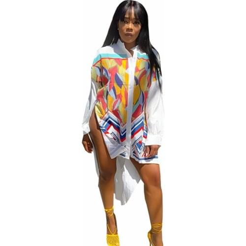 African Tunic Dresses For Women Sexy Split Fashion Print Patchwork Robes Summer New Street Style Bazin Riche African Shirt Dress