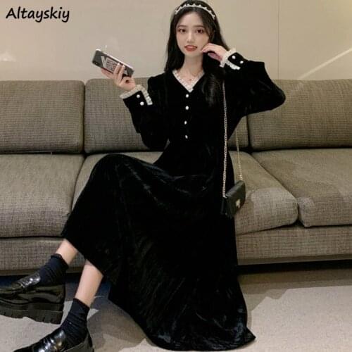 Dress Women Elegant V-neck Autumn Button Solid Simple Feminine Design High Quality Retro Korean Style Fashion New Leisure Ins