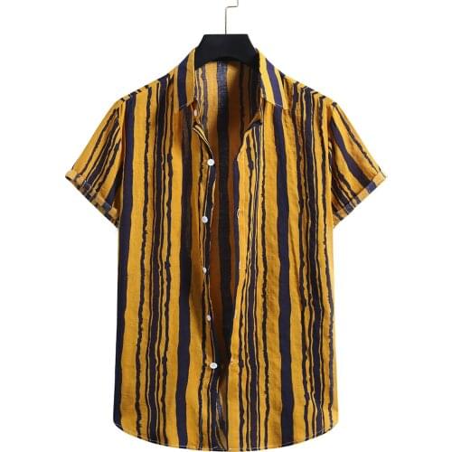Fashion Men Summer Stripe Shirt Cotton Linen Button Print Short Sleeve Shirt Mens Blouse Top Blusas Masculinas Moda 2021 Chemise