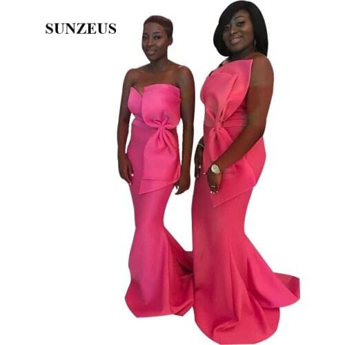 Mermaid Sweetheart Fuchsia Bridesmaids Gowns With Big Bow African Women Long Formal Dresses robe demoiselle d'honneur