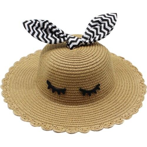 Summer childrens straw hat girl sun protection sun hat girl cute rabbit outdoor beach fisherman hat baby hat wide brim hat