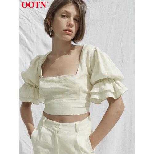 OOTN Square Collar Ruffled Women Blouses Puff Sleeve Short Top Lace Up Beige Casual Crop Top Female Open Back Sexy Linen Shirts