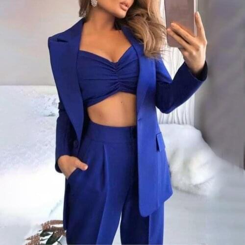 Female Summer Single Button Sling Breathable Turn Collar Office Lady Jacket 3Pcs/Set Women Suit Blazer Coat Pant Top Suit Formal